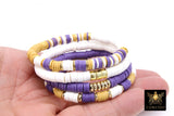 LSU Heishi Beaded Bracelet, 6 mm Purple White Gold Stretchy Bracelet #795, Rondelle Heishi Tigers Mom Team Spirit Clay Beaded Bangles