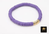 LSU Heishi Beaded Bracelet, 6 mm Purple White Gold Stretchy Bracelet #795, Rondelle Heishi Tigers Mom Team Spirit Clay Beaded Bangles