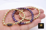 LSU Heishi Beaded Bracelet, 6 mm Purple Druzy Gold Stretchy Bracelet #795, Rondelle Heishi Tigers Charm Bracelet