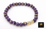LSU Heishi Beaded Bracelet, 6 mm Purple Druzy Gold Stretchy Bracelet # 795, Rondelle Heishi Tigers Charm Bracelet