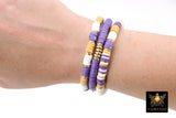 LSU Heishi Beaded Bracelet, 6 mm Purple White Gold Stretchy Bracelet #795, Rondelle Heishi Tigers Mom Team Spirit Clay Beaded Bangles