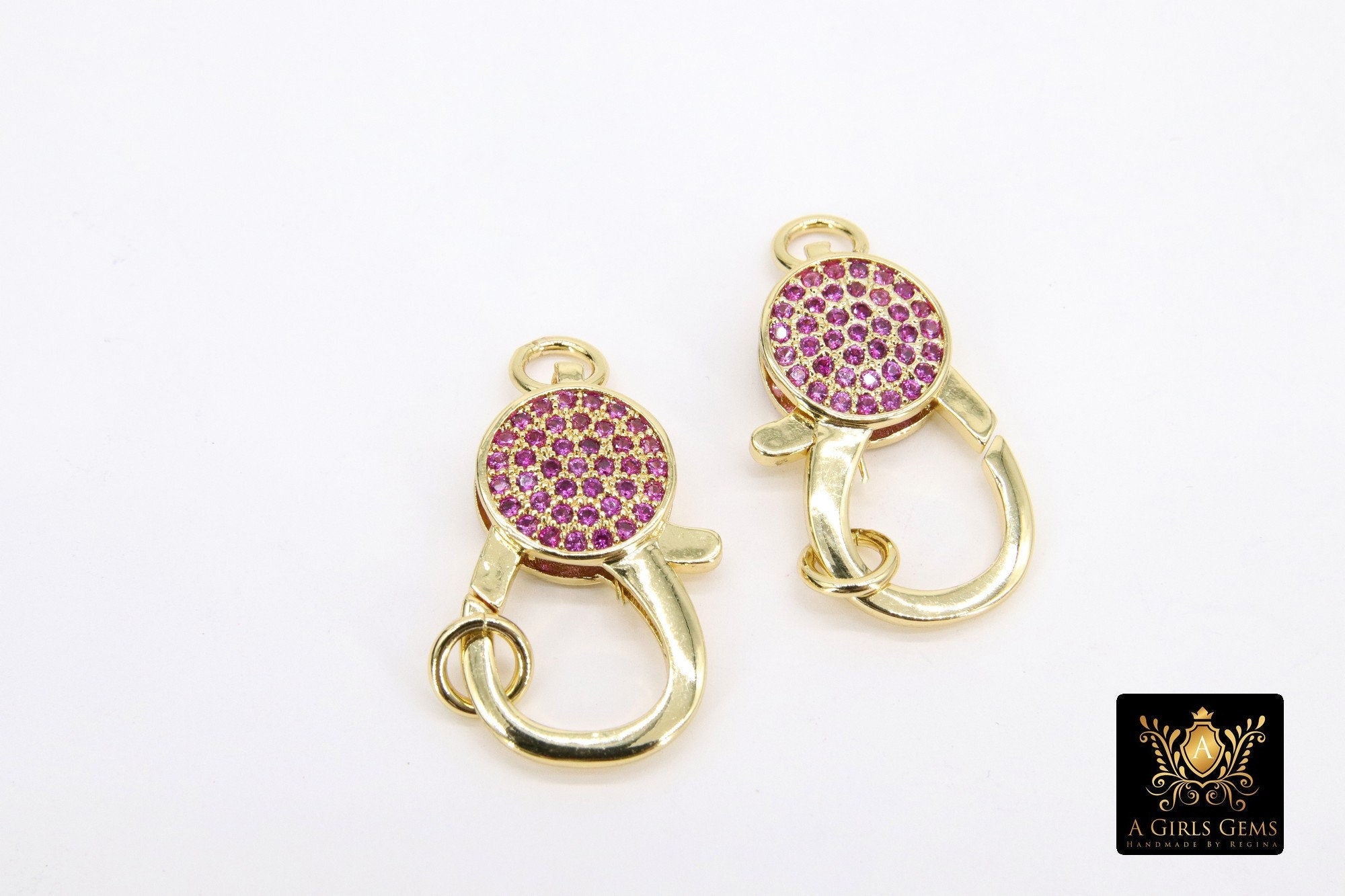 Gold CZ Micro Pave Lobster Clasps, Fuchsia Pink Red Lobster Claws #32, Gold 14 x 25 mm Gold Clasp