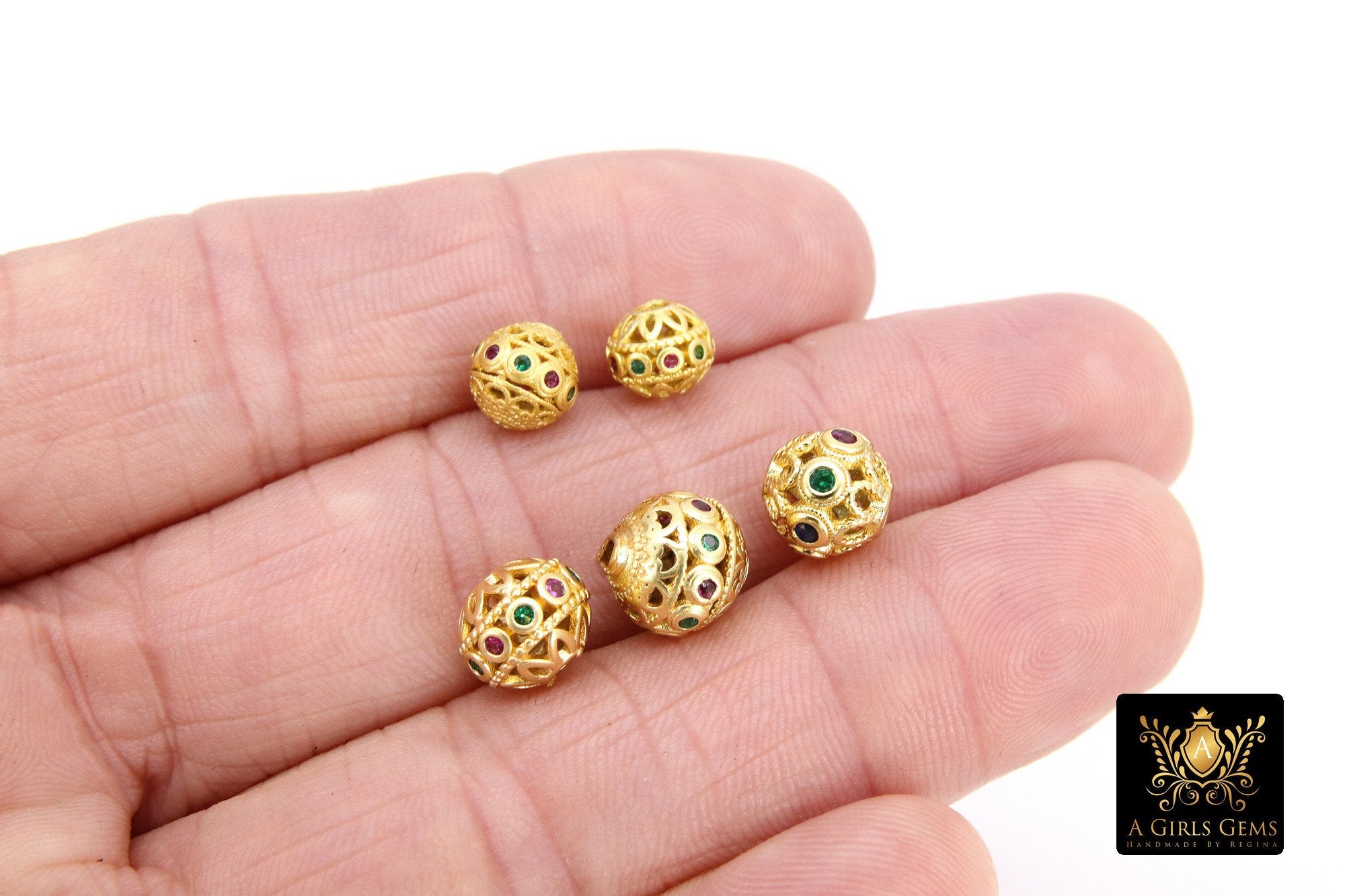 CZ Pave Gold Round Filigree Beads, 2 Pc Patterned Silver Metal Beads AG #3336,0 Round High Quality 8 mm Focal Beads, Jewelry Findings