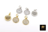 CZ Pave Gold Round Disc Charms, Silver Small Coin Disc #589, 10 mm Black Tiny Round Circle Charm