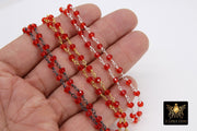 Ruby Red Rosary Silver Chain, Black Wire Wrapped 4 mm Faceted Beaded Red Chains CH #620, Gold Jewelry Rosary Roll