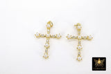 Gold CZ White Pearl Cross Charms, 20 x 31 mm Dainty Pearl Charms With Ring #48, Rosary Pendants