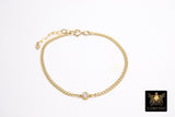 14 K Gold Filled Curb Chain Bracelet, Clear CZ Adjustable Chain Link Bracelet, Stamped 14/20