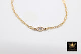 14 K Gold Filled Evil Eye Chain Bracelet, CZ Adjustable Sequin Bar Chain Link Bracelet, Stamped 14/20