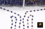 Navy Blue Wire Wrapped Gold Chain, 4 mm Beaded Natural Lapis Lazuli Unfinished Rosary Silver Chain CH# 404, By The Foot