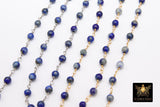 Natural Lapis Lazuli Rosary Gold Chain, 4 mm Beaded Navy Blue Unfinished Rosary Silver Chain CH# 404, By The Foot, Wire Wrapped Chain