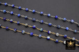Navy Blue Wire Wrapped Rosary Gold Chain, 4 mm Beaded Natural Lapis Lazuli Unfinished Rosary Silver Chain, By The Foot