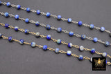 Natural Lapis Lazuli Rosary Gold Chain, 4 mm Beaded Navy Blue Unfinished Rosary Silver Chain CH# 404, By The Foot, Wire Wrapped Chain