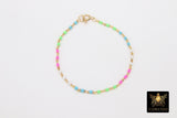 14 K Gold Filled Dainty Satellite Enamel Bracelet, Rainbow Beaded Gold Jewelry, Stamped 14/20