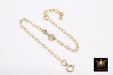 14 K Gold Filled Paperclip Initial CZ Chain Bracelet, Birthstone Charm, Adjustable