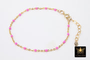 14 K Gold Filled Dainty Satellite Enamel Bracelet, Pink Enamel Beaded Chain, Stamped 14/20