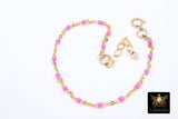 14 K Gold Filled Dainty Satellite Enamel Bracelet, Pink Enamel Beaded Chain, Stamped 14/20