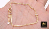 14 K Gold Filled Curb Chain Bracelet, Clear CZ Adjustable Chain Link Bracelet, Stamped 14/20