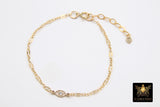 14 K Gold Filled Evil Eye Chain Bracelet, CZ Adjustable Sequin Bar Chain Link Bracelet, Stamped 14/20