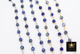 Navy Blue Wire Wrapped Gold Chain, 4 mm Beaded Natural Lapis Lazuli Unfinished Rosary Silver Chain CH# 404, By The Foot