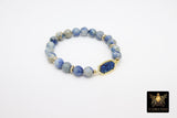 Blue Druzy Beaded Bracelet, 6 mm Navy Druzy Gold Stretchy Bracelet, Rondelle Heishi Gold Charm Bracelet, Mom Beaded Stacks