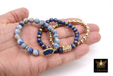 Blue Druzy Beaded Bracelet, 6 mm Navy Druzy Gold Stretchy Bracelet, Rondelle Heishi Gold Charm Bracelet