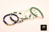 Soccer Mom Heishi Beaded Bracelet, 6 mm Green White Navy Gold Stretchy Bracelet, Flat Heishi Team Spirit Clay Beaded Bangles