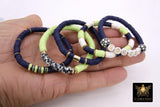 Soccer Mom Heishi Beaded Bracelet, 6 mm Lime Green White Navy Gold Stretchy Bracelet, Flat Heishi Team Spirit Clay Beaded Bangles