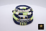 Soccer Mom Heishi Beaded Bracelet, 6 mm Lime Green White Navy Gold Stretchy Bracelet, Flat Heishi Team Spirit Clay Beaded Bangles