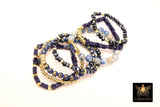 Blue Druzy Beaded Bracelet, 6 mm Navy Druzy Gold Stretchy Bracelet, Rondelle Heishi Gold Charm Bracelet