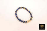 Blue Druzy Beaded Bracelet, 6 mm Navy Druzy Gold Stretchy Bracelet, Rondelle Heishi Gold Charm Bracelet