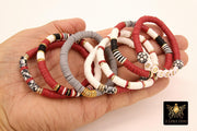 Soccer Mom Heishi Beaded Bracelet, 6 mm Red White Gray Black Gold Stretchy Bracelet, Flat Heishi Team Spirit Clay Bead Stacks