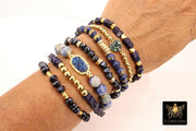 Blue Druzy Beaded Bracelet, 6 mm Navy Druzy Gold Stretchy Bracelet, Rondelle Heishi Gold Charm Bracelet