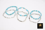 Baby Blue Turquoise Beaded Bracelets, Silver and Blue Stretchy Bracelet Stacks, Cube Beaded Crystal Bracelets