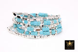 Baby Blue Turquoise Beaded Bracelets, Silver and Blue Stretchy Bracelet Stacks, Cube Beaded Crystal Bracelets