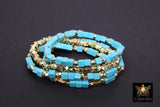 Baby Blue Turquoise Beaded Bracelets, Gold and Blue Stretchy Bracelet Stacks, Cube Beaded Crystal Bracelets