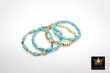 Baby Blue Turquoise Beaded Bracelets, Gold and Blue Stretchy Bracelet Stacks, Cube Beaded Crystal Bracelets