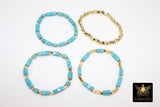 Baby Blue Turquoise Beaded Bracelets, Gold and Blue Stretchy Bracelet Stacks, Cube Beaded Crystal Bracelets