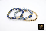 Blue Druzy Beaded Bracelet, 6 mm Navy Druzy Gold Stretchy Bracelet, Rondelle Heishi Gold Charm Bracelet