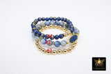 Blue Druzy Beaded Bracelet, 6 mm Navy Druzy Gold Stretchy Bracelet, Rondelle Heishi Gold Charm Bracelet, Mom Beaded Stacks