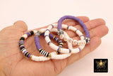 Soccer Mom Heishi Beaded Bracelet, 6 mm Purple White Black Gold Stretchy Bracelet, Flat Heishi Team Spirit Clay Beaded Bangles