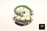 Soccer Mom Heishi Beaded Bracelet, 6 mm Green White Navy Gold Stretchy Bracelet, Flat Heishi Team Spirit Clay Beaded Bangles