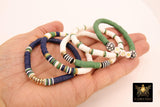 Soccer Mom Heishi Beaded Bracelet, 6 mm Green White Navy Gold Stretchy Bracelet, Flat Heishi Team Spirit Clay Beaded Bangles