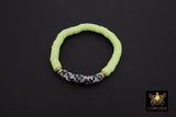 Soccer Mom Heishi Beaded Bracelet, 6 mm Lime Green White Navy Gold Stretchy Bracelet, Flat Heishi Team Spirit Clay Beaded Bangles