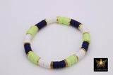 Soccer Mom Heishi Beaded Bracelet, 6 mm Lime Green White Navy Gold Stretchy Bracelet, Flat Heishi Team Spirit Clay Beaded Bangles