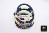 Soccer Mom Heishi Beaded Bracelet, 6 mm Lime Green White Navy Gold Stretchy Bracelet, Flat Heishi Team Spirit Clay Beaded Bangles