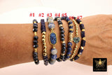 Blue Druzy Beaded Bracelet, 6 mm Navy Druzy Gold Stretchy Bracelet, Rondelle Heishi Gold Charm Bracelet