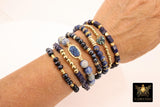 Blue Druzy Beaded Bracelet, 6 mm Navy Druzy Gold Stretchy Bracelet, Rondelle Heishi Gold Charm Bracelet