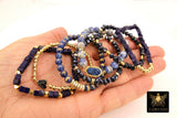 Blue Druzy Beaded Bracelet, 6 mm Navy Druzy Gold Stretchy Bracelet, Rondelle Heishi Gold Charm Bracelet