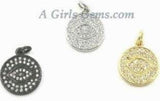 Evil Eye Charm, *NEW* Black and Gold CZ Micro Pave Small Round Disc Charm, 13 x 16 mm Mini Evil Eye for Bracelet Charms