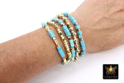 Baby Blue Turquoise Beaded Bracelets, Gold and Blue Stretchy Bracelet Stacks, Cube Beaded Crystal Bracelets